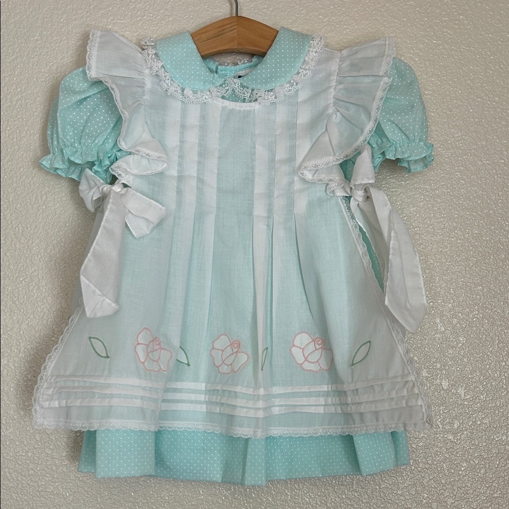 Fayette Vintage Baby Girl Dress with Apron Overlay – Aqua Blue & White Size 3T